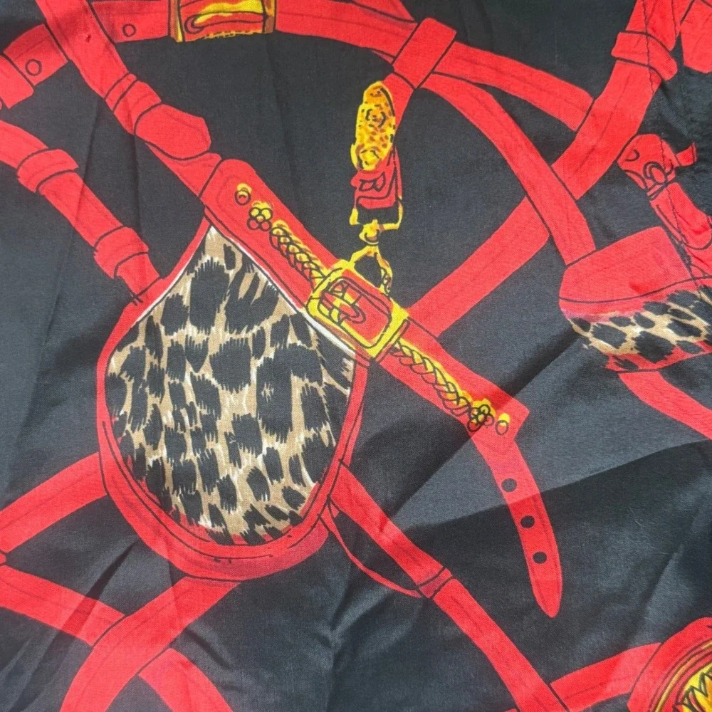 Vintage Silk Bomber Jacket Womens‎ XL Red Equestrian Baroque Leopard Print 90s